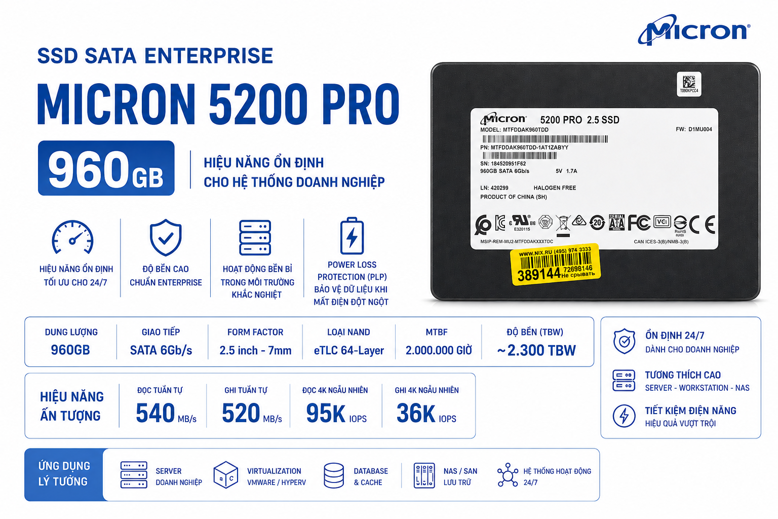 SSD Sata Enterprise Micron 5200 Pro 960Gb (Used)